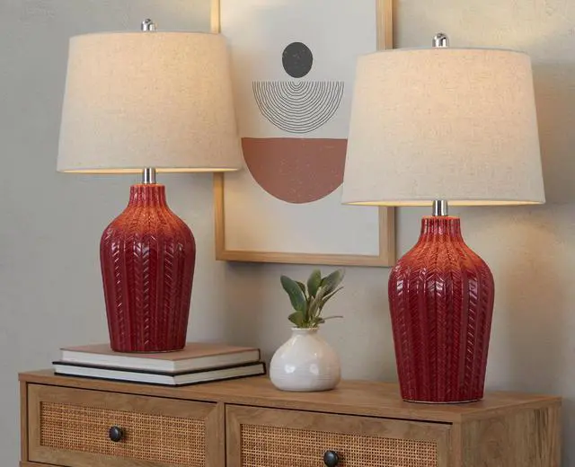 Alt view image 6 of 6 - Rockwell 23" Contemporary Ceramic Table Lamp in Glossy Brick Red Ceramic, Polished Nickel and Natural Linen Shade From Grandview Gallery - Set Of 2