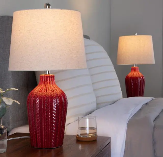 Alt view image 5 of 6 - Rockwell 23" Contemporary Ceramic Table Lamp in Glossy Brick Red Ceramic, Polished Nickel and Natural Linen Shade From Grandview Gallery - Set Of 2