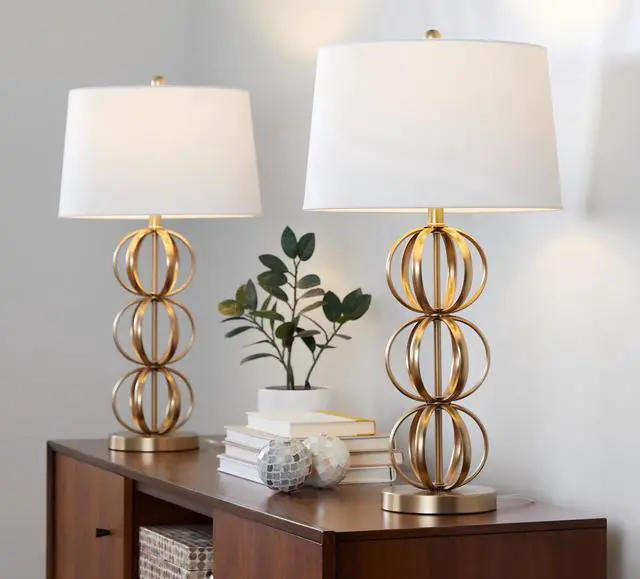 Main image of Linx 29" Contemporary Metal Table Lamp in Gold Metal and White Linen Shade From Grandview Gallery - Set Of 2