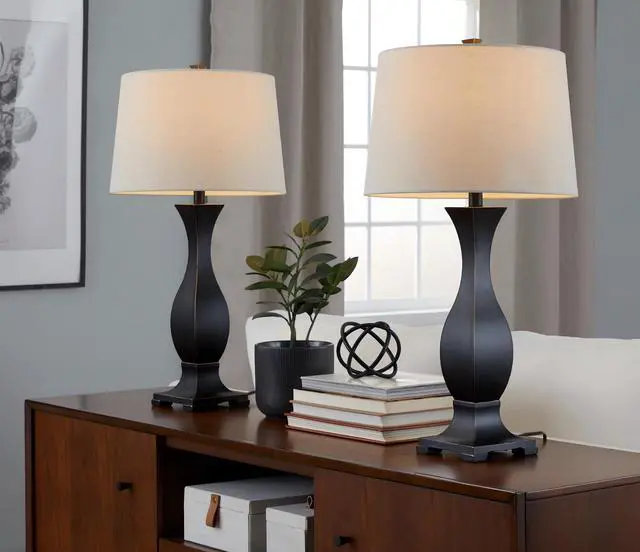 Alt view image 2 of 7 - 29" Contemporary Polyresin Table Lamp in Oil Rubbed Bronze Polyresin with Oat Linen Shade From Grandview Gallery - Set Of 2