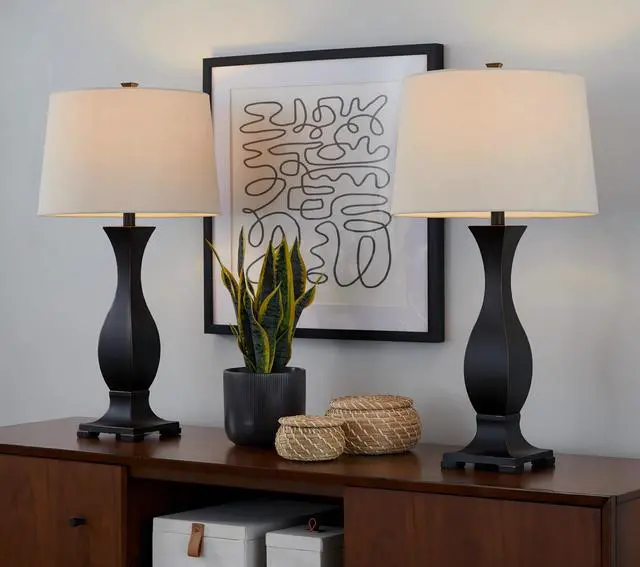 Main image of 29" Contemporary Polyresin Table Lamp in Oil Rubbed Bronze Polyresin with Oat Linen Shade From Grandview Gallery - Set Of 2