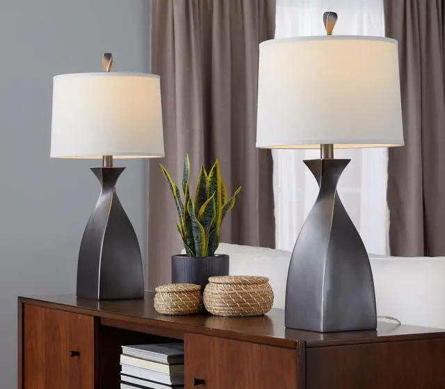 Main image of 30" Contemporary Polyresin Table Lamp in Rubbed Grey Slate Polyresin with White Linen Shade From Grandview Gallery - Set Of 2