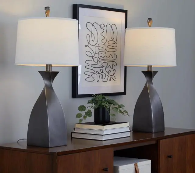 Alt view image 2 of 7 - 30" Contemporary Polyresin Table Lamp in Rubbed Grey Slate Polyresin with White Linen Shade From Grandview Gallery - Set Of 2