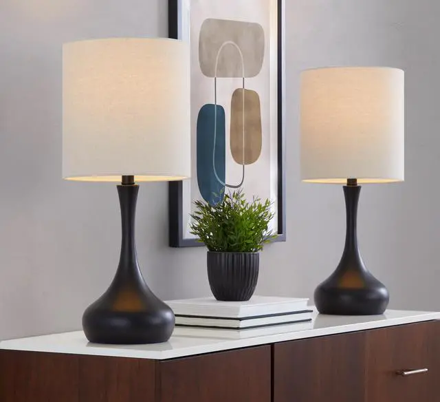 Main image of Genie 24" Contemporary Metal Table Lamp in Matte Black Metal with Oatmeal Linen Shade From Grandview Gallery - Set Of 2