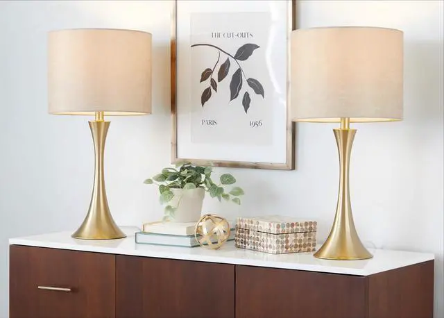 Main image of 24" Contemporary Metal Table Lamp in Gold Metal with Golden Metallic Linen Shade From Grandview Gallery - Set Of 2