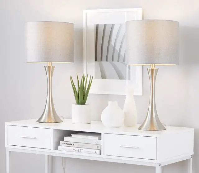 Main image of 24" Contemporary Metal Table Lamp in Brushed Nickel and Grey Sparkly Linen Shade with Silver Metallic Threading From Grandview Gallery - Set Of 2