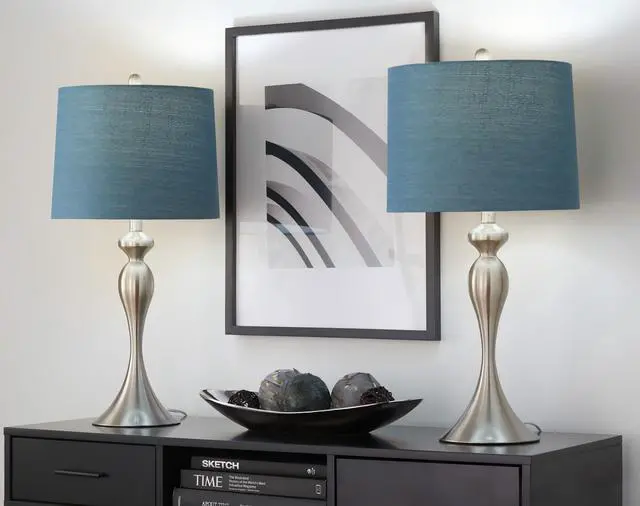 Main image of 27" Contemporary Metal Table Lamp in Brushed Nickel with Mon Blue Textured Slub Linen Shade From Grandview Gallery - Set Of 2