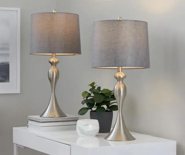 Main image of 27" Contemporary Metal Table Lamp in Brushed Nickel with Grey Textured Linen Shade From Grandview Gallery - Set Of 2