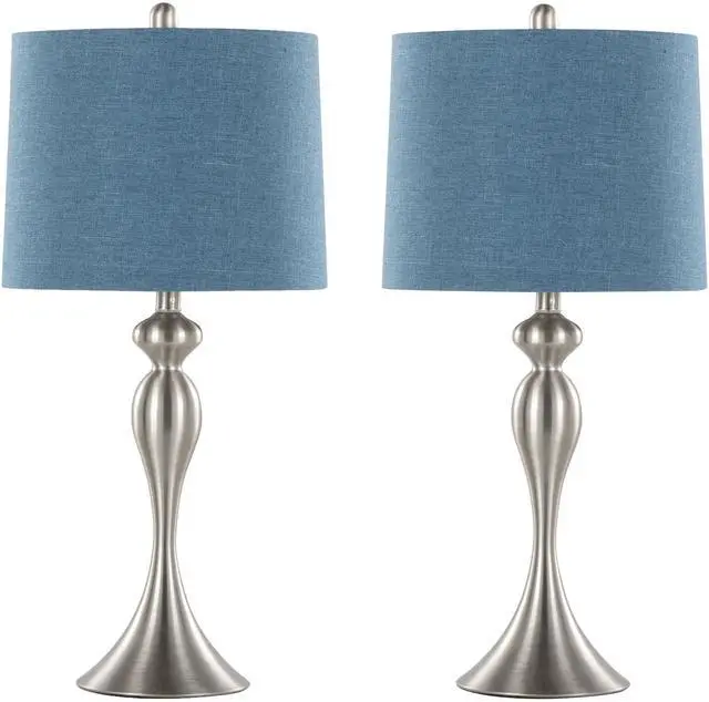 Alt view image 2 of 6 - 27" Contemporary Metal Table Lamp in Brushed Nickel with Mon Blue Textured Slub Linen Shade From Grandview Gallery - Set Of 2