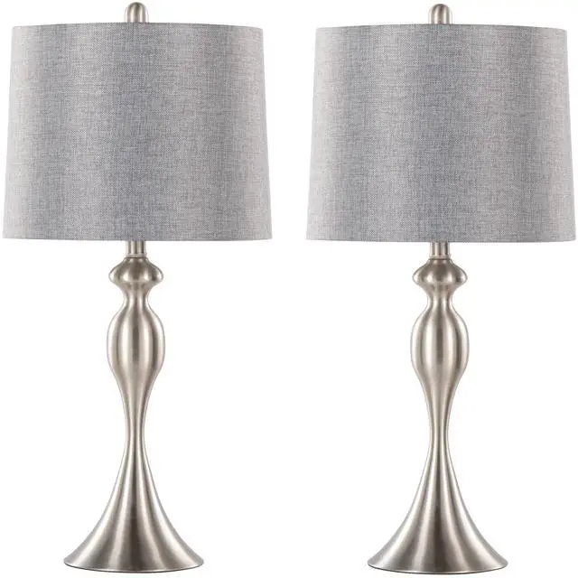 Alt view image 3 of 7 - 27" Contemporary Metal Table Lamp in Brushed Nickel with Grey Textured Linen Shade From Grandview Gallery - Set Of 2