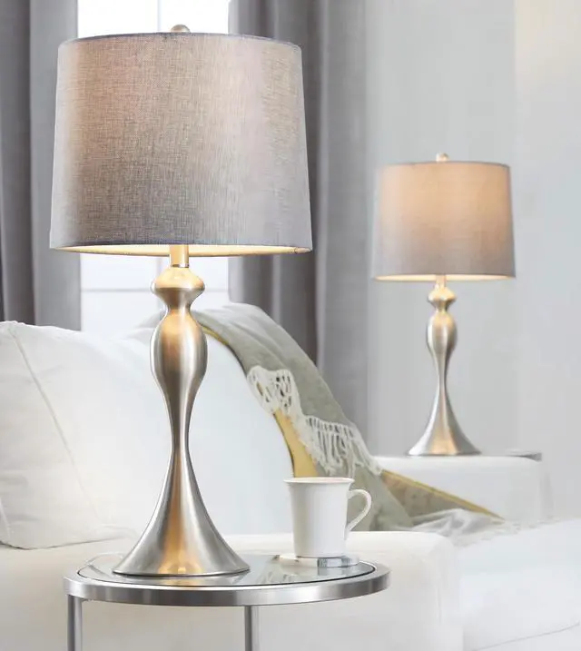 Alt view image 2 of 7 - 27" Contemporary Metal Table Lamp in Brushed Nickel with Grey Textured Linen Shade From Grandview Gallery - Set Of 2