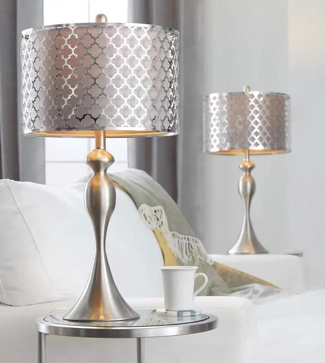 Alt view image 2 of 7 - 27" Contemporary Metal Table Lamp in Brushed Nickel with Grey Textured Linen and Brushed Nickel Laser Cut Shade From Grandview Gallery - Set Of 2