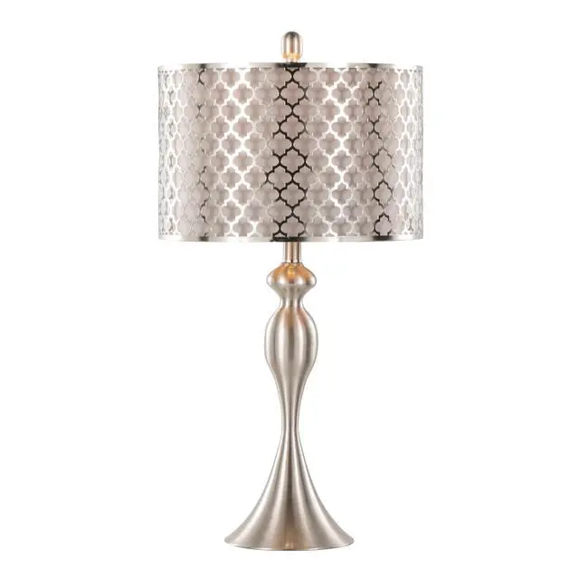 Alt view image 3 of 7 - 27" Contemporary Metal Table Lamp in Brushed Nickel with Grey Textured Linen and Brushed Nickel Laser Cut Shade From Grandview Gallery - Set Of 2