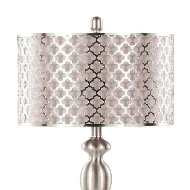 Alt view image 5 of 7 - 27" Contemporary Metal Table Lamp in Brushed Nickel with Grey Textured Linen and Brushed Nickel Laser Cut Shade From Grandview Gallery - Set Of 2