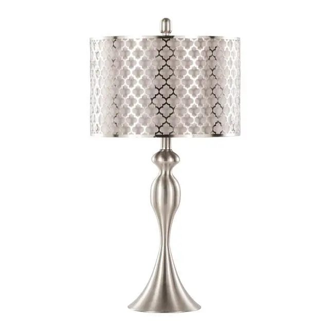 Alt view image 4 of 7 - 27" Contemporary Metal Table Lamp in Brushed Nickel with Grey Textured Linen and Brushed Nickel Laser Cut Shade From Grandview Gallery - Set Of 2