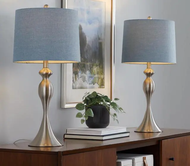 Main image of 27" Contemporary Metal Table Lamp in Brushed Nickel with Light Blue Linen Shade From Grandview Gallery - Set Of 2