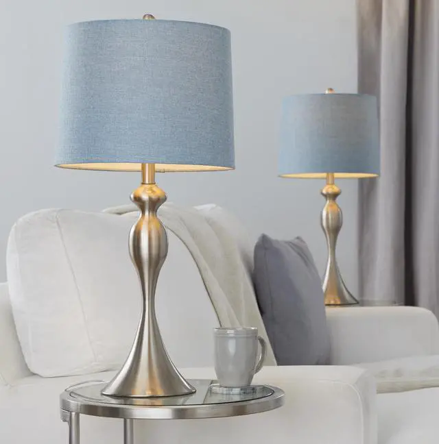 Alt view image 2 of 7 - 27" Contemporary Metal Table Lamp in Brushed Nickel with Light Blue Linen Shade From Grandview Gallery - Set Of 2
