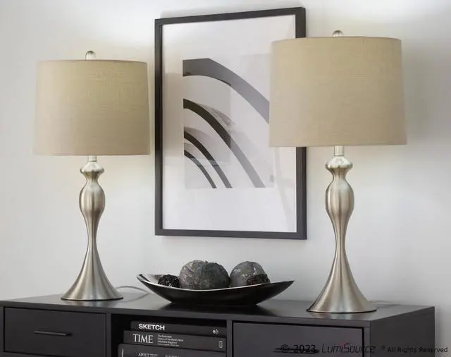 Main image of 27" Contemporary Metal Table Lamp in Brushed Nickel with Light Grey Textured Linen Shade From Grandview Gallery - Set Of 2