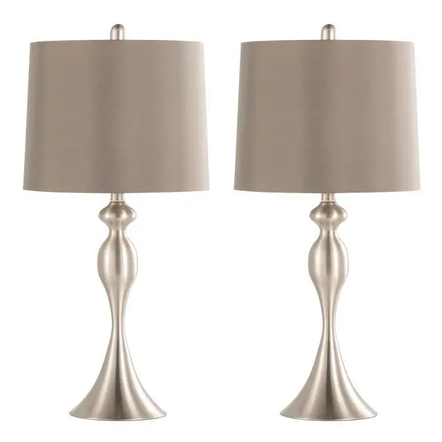 Alt view image 2 of 6 - 27" Contemporary Metal Table Lamp in Brushed Nickel with Taupe Satin Shade From Grandview Gallery - Set Of 2