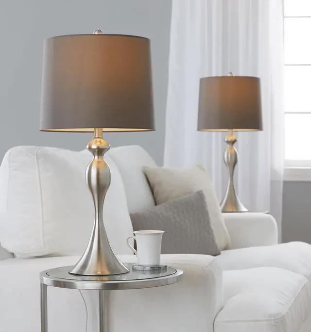 Main image of 27" Contemporary Metal Table Lamp in Brushed Nickel with Taupe Satin Shade From Grandview Gallery - Set Of 2
