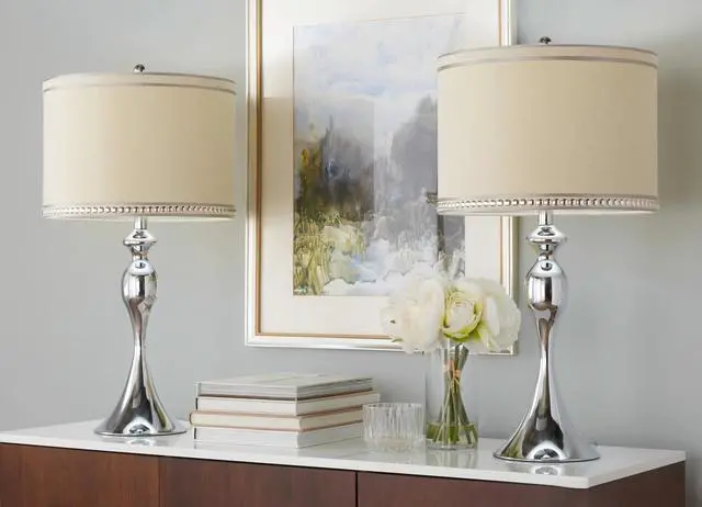 Main image of 27" Contemporary Metal Table Lamp in Polished Chrome and Cream Linen Shade with Trim From Grandview Gallery - Set Of 2