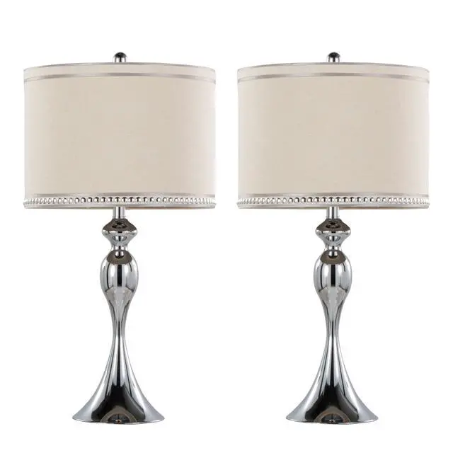 Alt view image 2 of 6 - 27" Contemporary Metal Table Lamp in Polished Chrome and Cream Linen Shade with Trim From Grandview Gallery - Set Of 2
