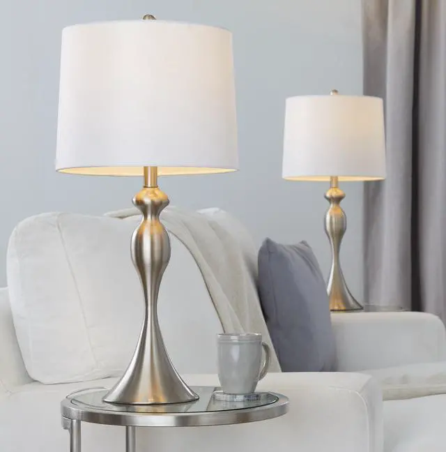 Alt view image 7 of 7 - 27" Contemporary Metal Table Lamp in Brushed Nickel with White Textured Linen Shade From Grandview Gallery - Set Of 2
