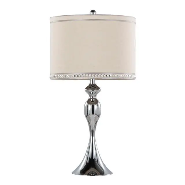 Alt view image 3 of 6 - 27" Contemporary Metal Table Lamp in Polished Chrome and Cream Linen Shade with Trim From Grandview Gallery - Set Of 2