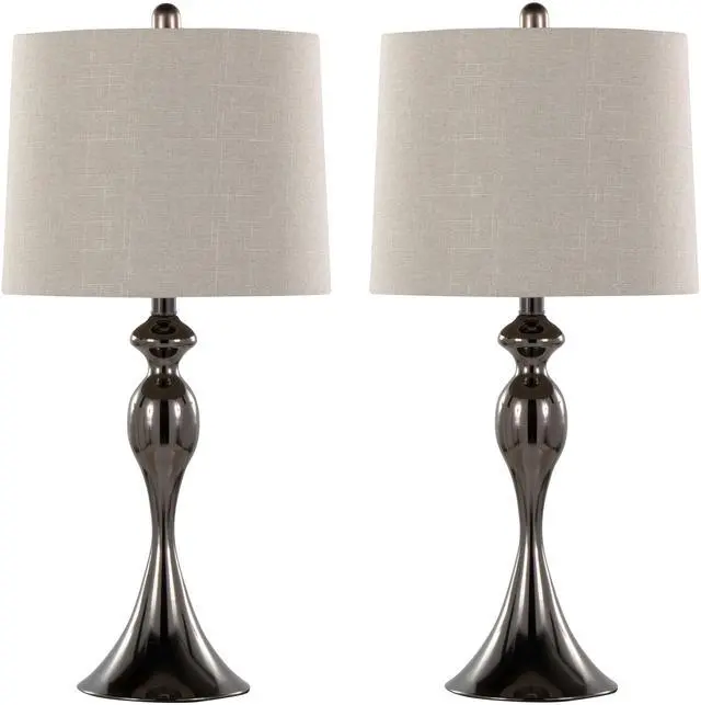 Main image of 27" Contemporary Metal Table Lamp in Gun Metal with Light Grey Textured Slub Linen Shade From Grandview Gallery - Set Of 2
