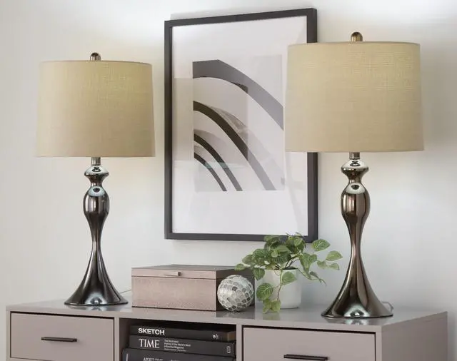 Alt view image 5 of 6 - 27" Contemporary Metal Table Lamp in Gun Metal with Light Grey Textured Slub Linen Shade From Grandview Gallery - Set Of 2
