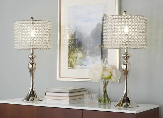 Alt view image 7 of 7 - 27" Contemporary Metal Table Lamp in Polished Nickel with Round Clear K9 Crystal Beads and Polished Nickel Shade From Grandview Gallery - Set Of 2