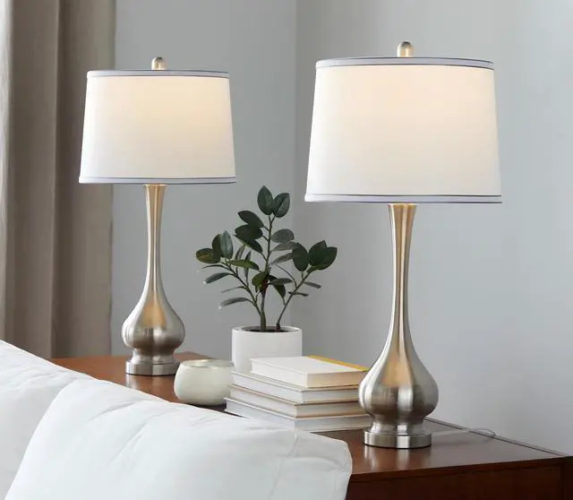 Main image of Cairo 28.75" Contemporary Metal Table Lamp in Brushed Nickel and White Linen Shade with Silver Trim From Grandview Gallery - Set Of 2