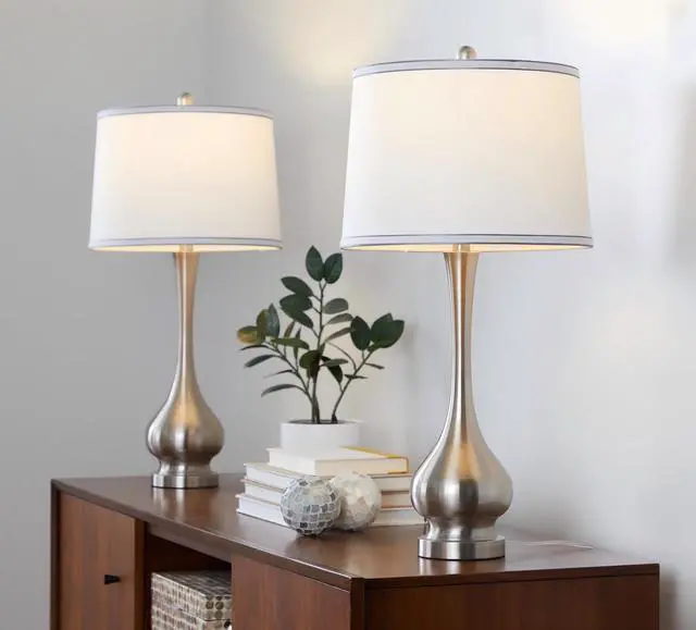 Alt view image 2 of 7 - Cairo 28.75" Contemporary Metal Table Lamp in Brushed Nickel and White Linen Shade with Silver Trim From Grandview Gallery - Set Of 2