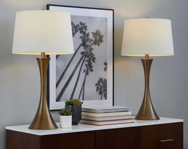 Main image of 29" Contemporary Metal Table Lamp in Matte Golden Bronze with Off-White Linen Shade From Grandview Gallery - Set Of 2
