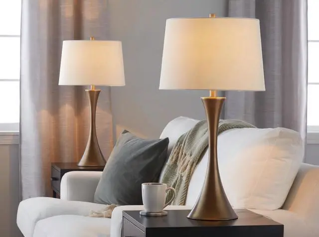 Alt view image 2 of 7 - 29" Contemporary Metal Table Lamp in Matte Golden Bronze with Off-White Linen Shade From Grandview Gallery - Set Of 2