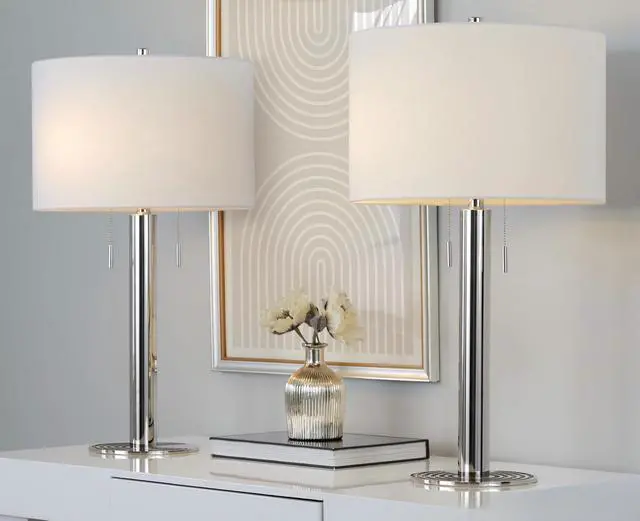 Main image of Master 29" Contemporary Metal Table Lamp in Polished Nickel and White Linen Shade From Grandview Gallery - Set Of 2