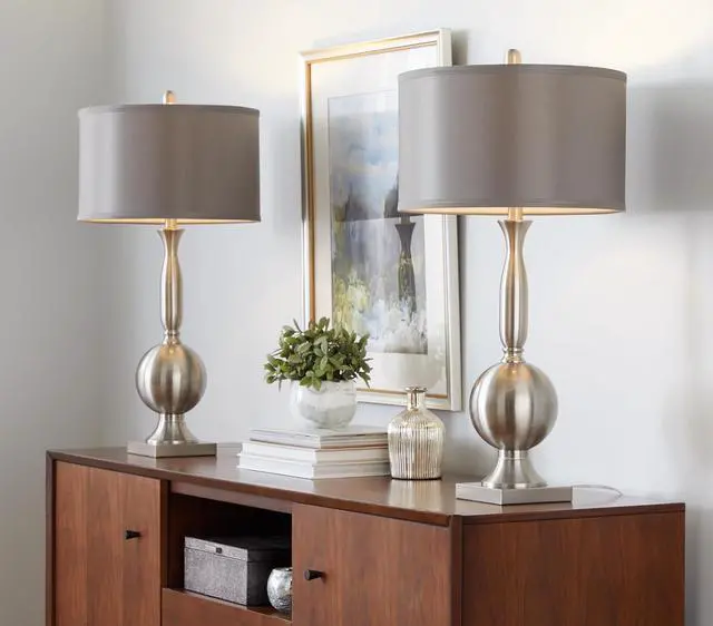 Alt view image 2 of 7 - Joan 30" Contemporary Metal Table Lamp in Brushed Nickel with Grey Satin Shade From Grandview Gallery - Set Of 2