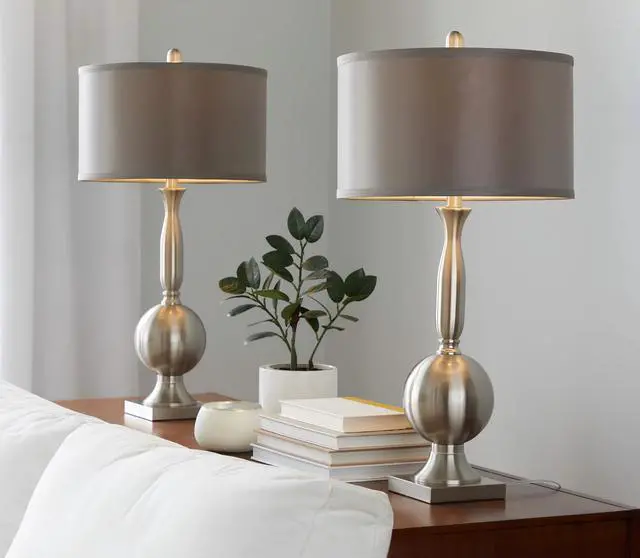 Alt view image 3 of 7 - Joan 30" Contemporary Metal Table Lamp in Brushed Nickel with Grey Satin Shade From Grandview Gallery - Set Of 2