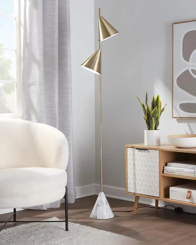 Main image of 65" Metal Floor Lamp in Brushed Gold Metal with White Faux Marble Metal Base