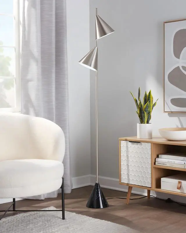 Main image of 65" Contemporary Metal Floor Lamp in Plated Nickel with A Black Faux Marble Metal Base