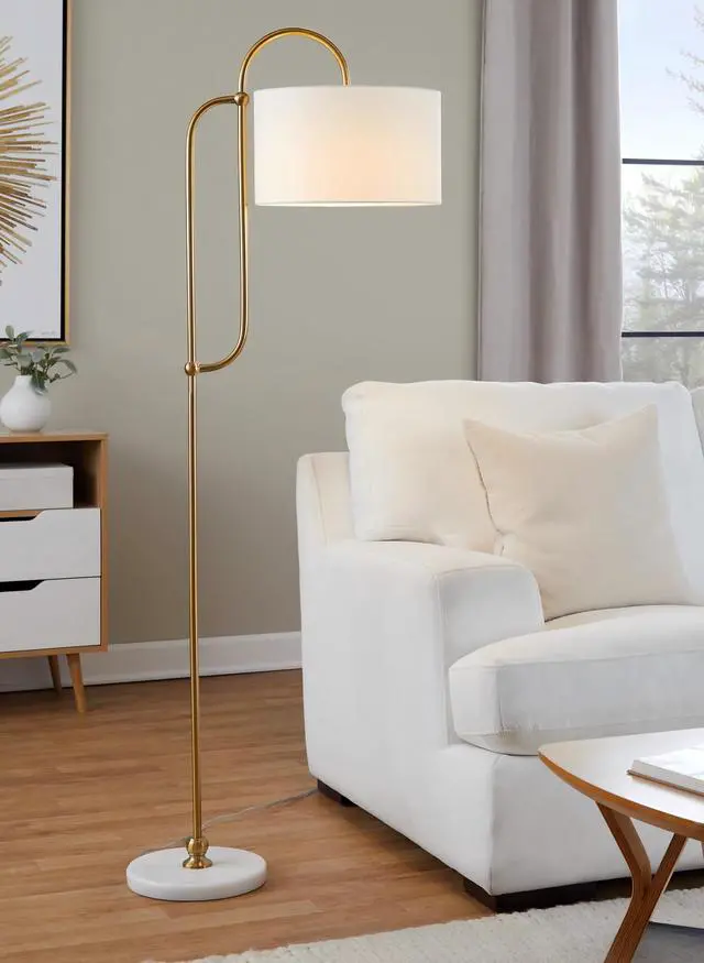 Main image of Leslie 63" Metal Floor Lamp in White Marble and Gold Metal with White Linen Shade