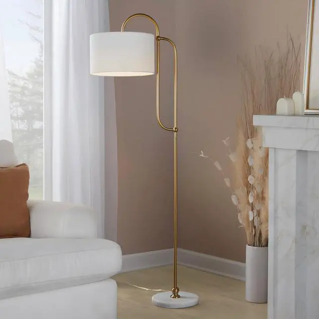 Alt view image 2 of 7 - Leslie 63" Metal Floor Lamp in White Marble and Gold Metal with White Linen Shade