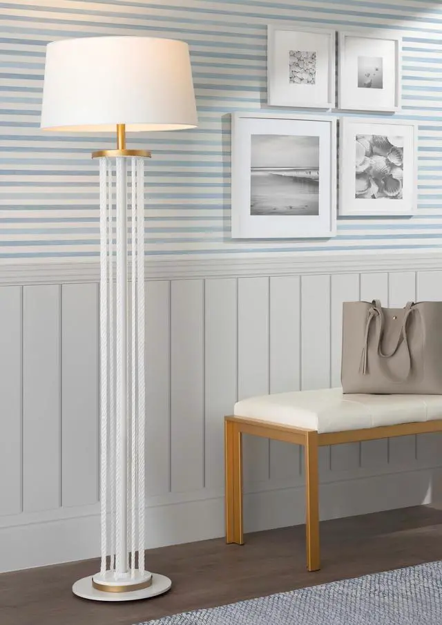 Main image of Rope Contemporary Floor Lamp in Natural Wood, White Metal, and White Rope Accent