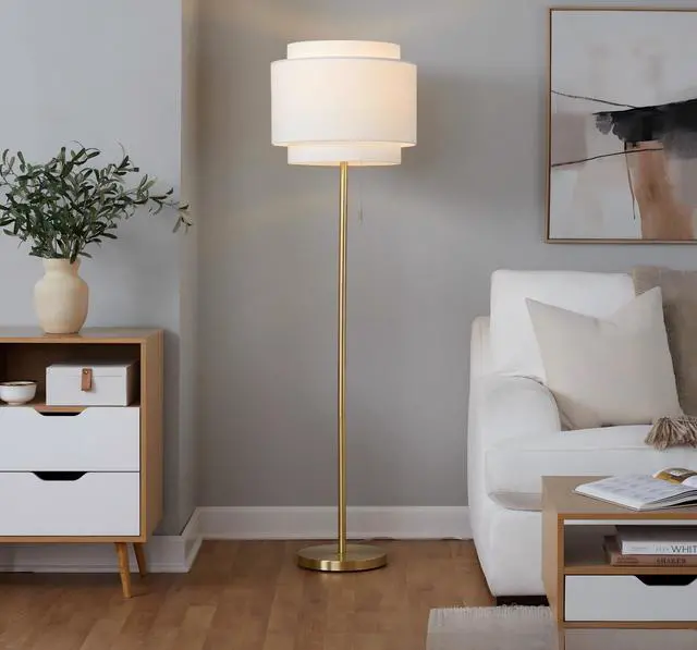 Alt view image 2 of 7 - Tier 64" Contemporary Metal Floor Lamp in Gold Metal with Off-White Linen Shade
