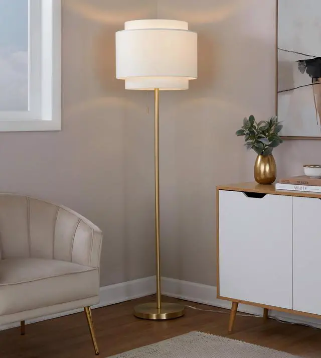Main image of Tier 64" Contemporary Metal Floor Lamp in Gold Metal with Off-White Linen Shade