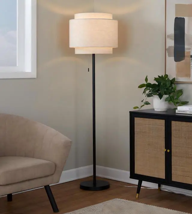 Main image of Tier 64" Contemporary Metal Floor Lamp in Black Metal with Beige Linen Shade