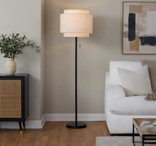 Alt view image 2 of 7 - Tier 64" Contemporary Metal Floor Lamp in Black Metal with Beige Linen Shade