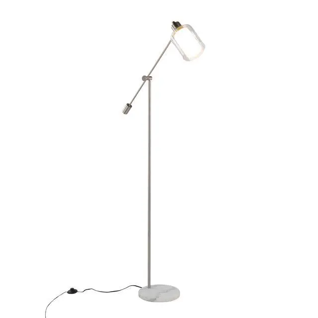 Alt view image 2 of 7 - Contemporary Floor Lamp in White Marble and Nickel Metal with Clear and Frosted Glass Shade