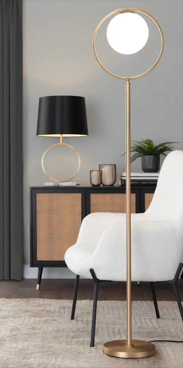 Alt view image 3 of 7 - Moon Contemporary Floor Lamp in Gold Metal and Frosted Glass