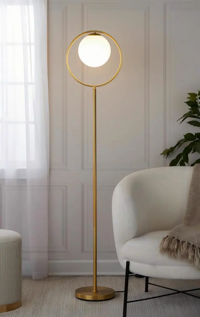 Main image of Moon Contemporary Floor Lamp in Gold Metal and Frosted Glass